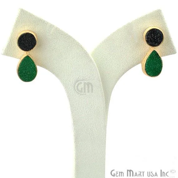 Emerald stone earrings-Double Druzy 24x9mm Gold Plated Dangle Stud Earrings (Pick your Gemstone) (90148-1)