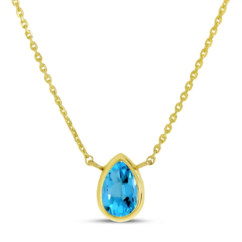 Dangling stone necklaces-14K Gold Pear Blue Topaz Birthstone Necklace