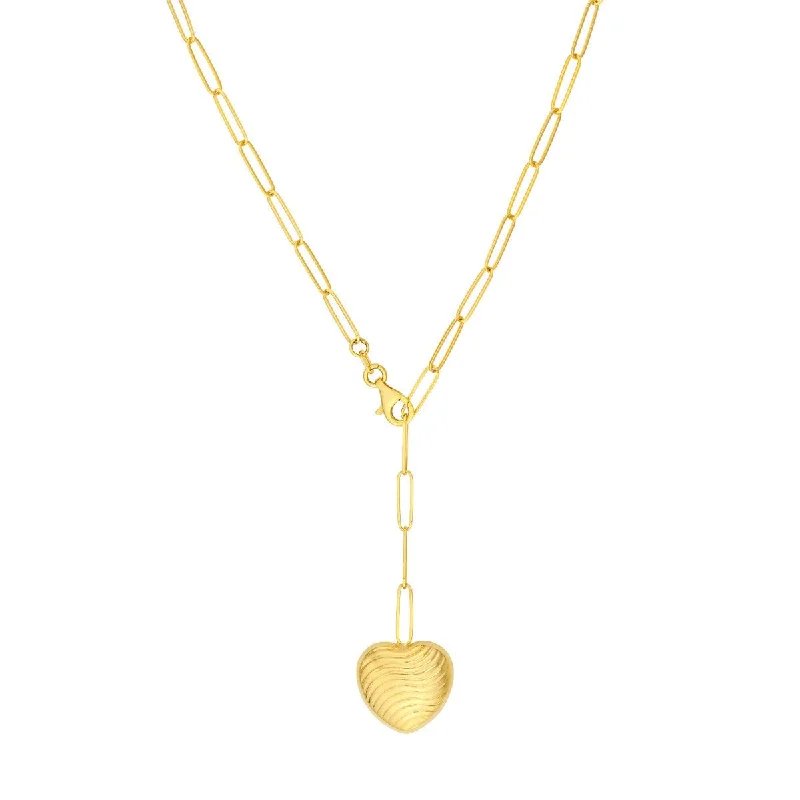 Filigree design necklaces-14K Yellow Gold Textured Puff Heart Paperclip Lariat Necklace