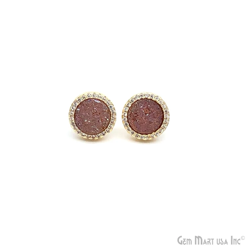 Crescent moon earrings-Pink Druzy With CZ Pave Round 13mm Gold Plated Stud Earrings