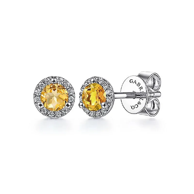 Butterfly wing earrings-Gabriel 14Kw Diamond Halo & Citrine Stud Earrings