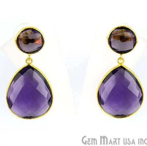 Vintage drop earrings-Pear and Round Shape 21x46mm Gold Plated Gemstone Dangle Studs (Pick your Gemstone) (90014-1)