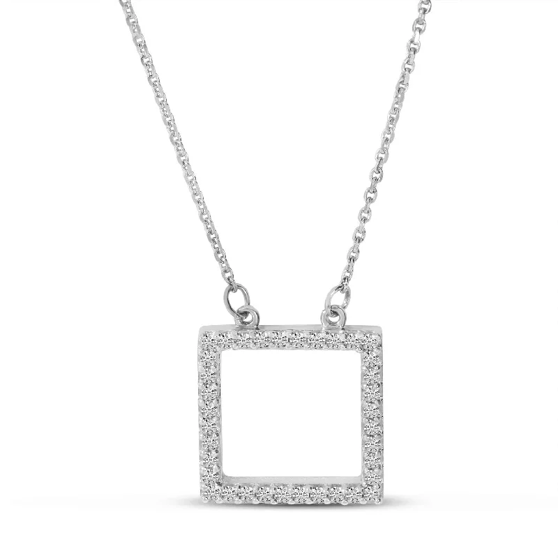 Oval stone necklaces-14K White Gold Diamond Open Square Necklace