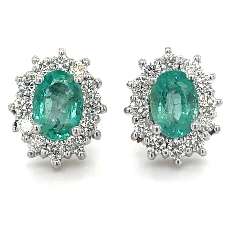 Colorful enamel earrings-9ct White Gold Earth Grown Oval Emerald & Diamond Cluster Earrings