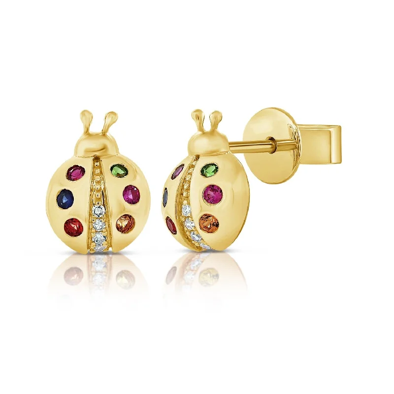 Minimalist bar earrings-14k Gold Diamond & Sapphire Ladybug Stud Earrings