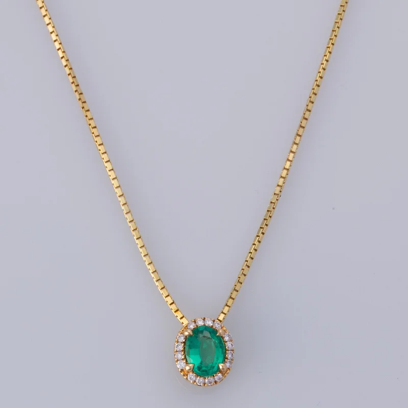 Sleek silver necklaces-18K Yellow Gold Emerald Diamond Necklace | 0.42ct, 0.10ctw | 16"|