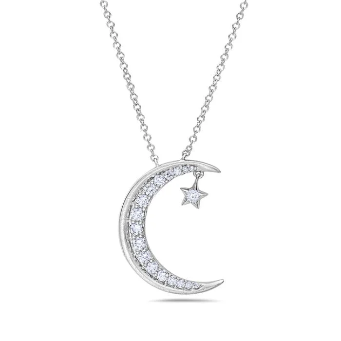 Mixed metal necklaces-14K White Gold Moon And Star Diamond Necklace