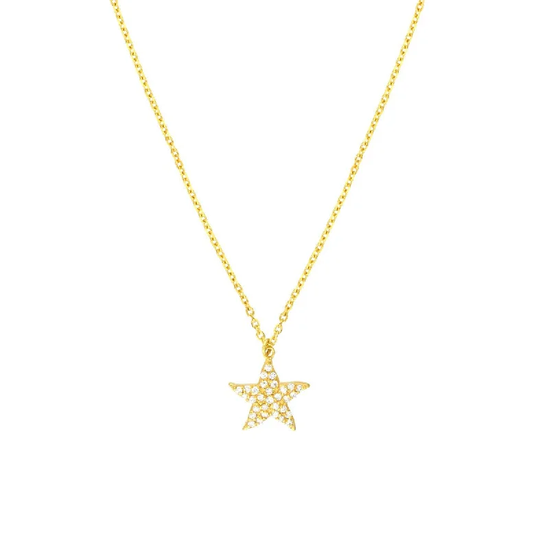 Rainbow bead necklaces-14K Yellow Gold Pave Diamond Starfish Necklace