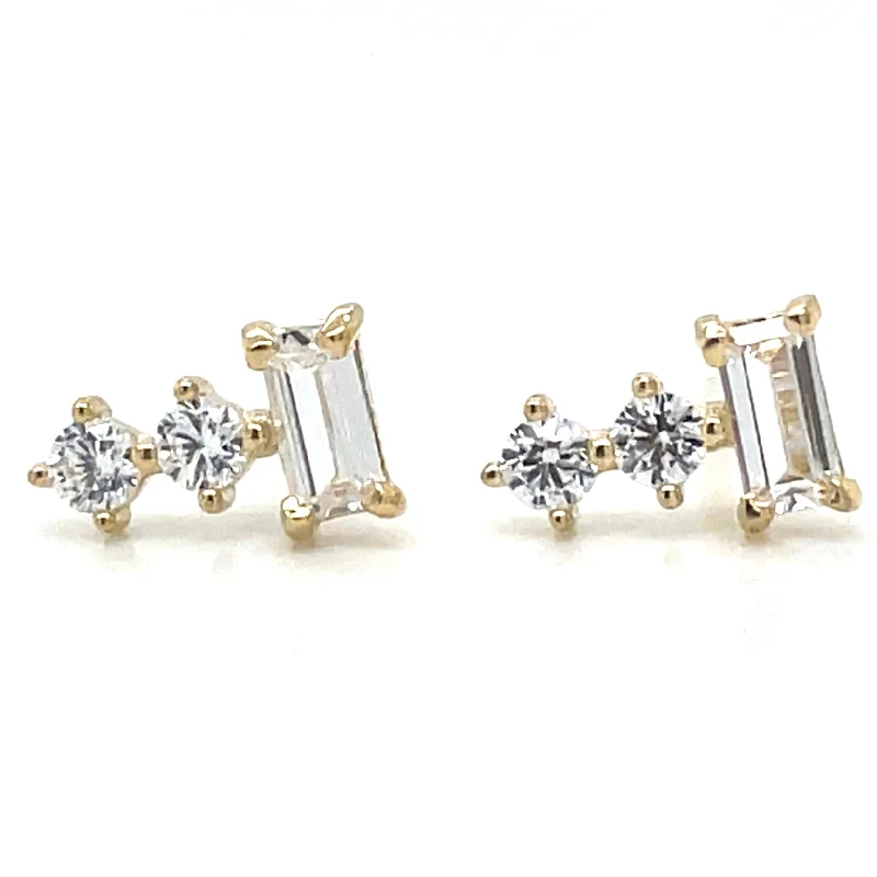 Minimalist dot earrings-9ct Yellow Gold Baguette And Two Stone Cz Stud Earrings