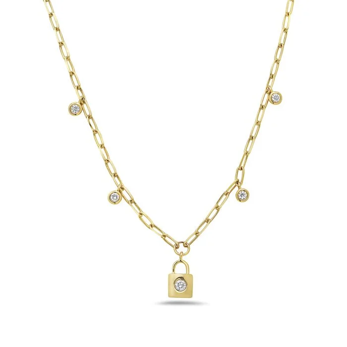 Filigree design necklaces-14K Yellow Gold Lock Diamond Necklace