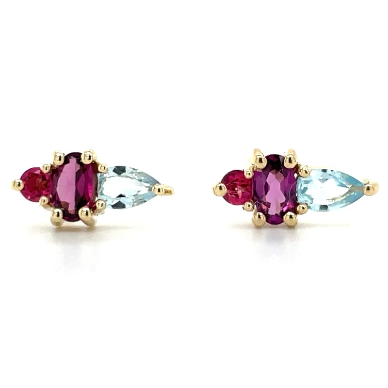 Evil eye earrings-9ct Yellow Gold Earth Grown Blue Topaz, Pink Topaz & Rhodolite Earrings