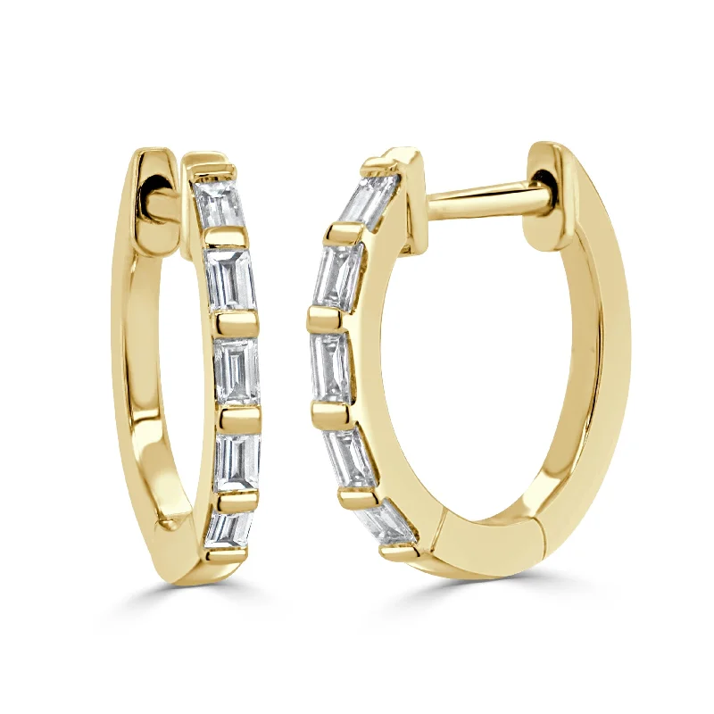 Crescent moon earrings-14k Gold & Baguette Diamond Huggie Earrings