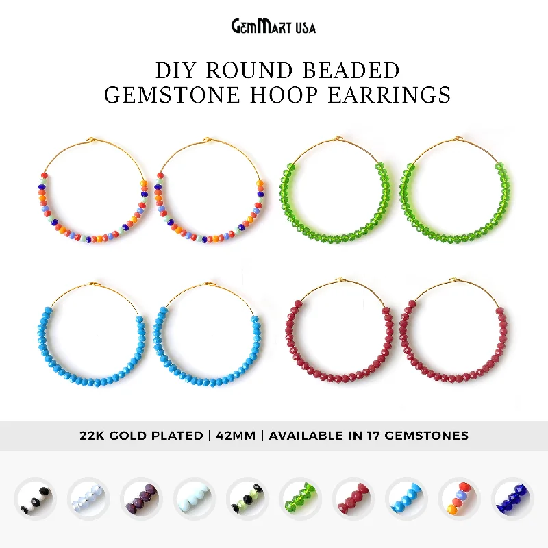 Bold statement earrings-Round Beaded 42mm Gemstone Gold Plated Hoop Earrings