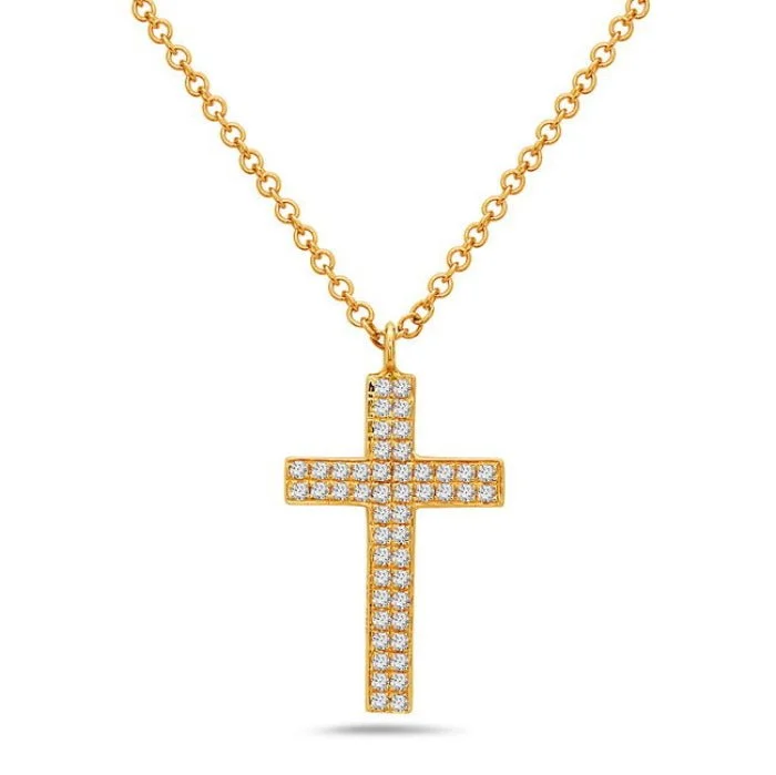 Minimalist style necklaces-14K Yellow Gold 2 Row Diamond Cross Necklace