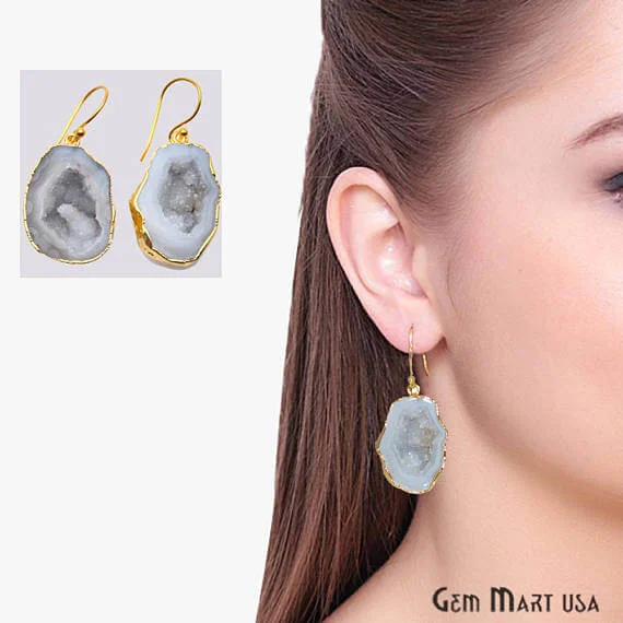 Lightweight hoop earrings-White Geode Druzy Organic Shape 22x31mm Gold Electroplated Gemstone Dangle Hook Earring