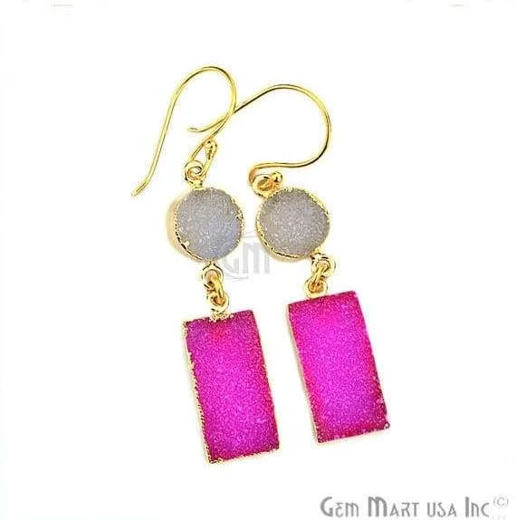 Amethyst drop earrings-Double Druzy Stone 52x10mm Gold Plated Hook Earrings (Pick your Gemstone) (90118-1)