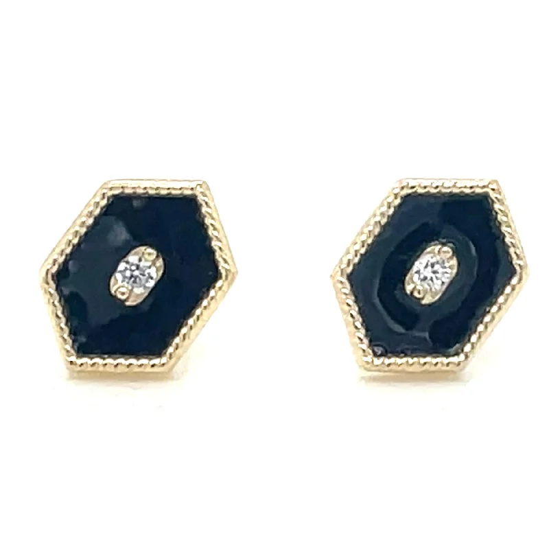 Luxe velvet earrings-9ct Yellow Gold Black Enamel Stud Earrings With Cz And Millgrain Edge Detail