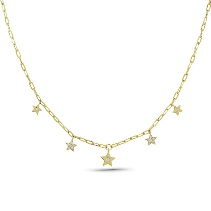 Art deco necklaces-14K Yellow Gold Multiple Stars Diamond Necklace