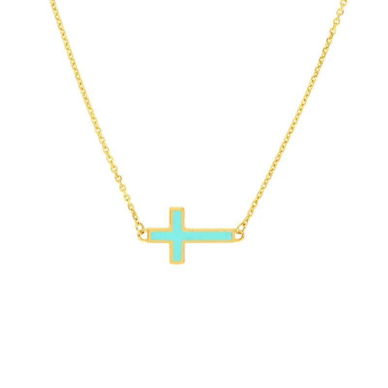 Hamsa hand necklaces-14K Yellow Gold Lt.Turquoise Enamel Sideways Cross Necklace