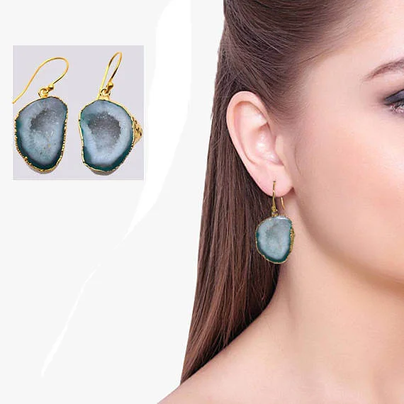 Moroccan tile earrings-Green Geode Druzy Organic Shape 28x20mm Gold Electroplated Gemstone Dangle Hook Earring