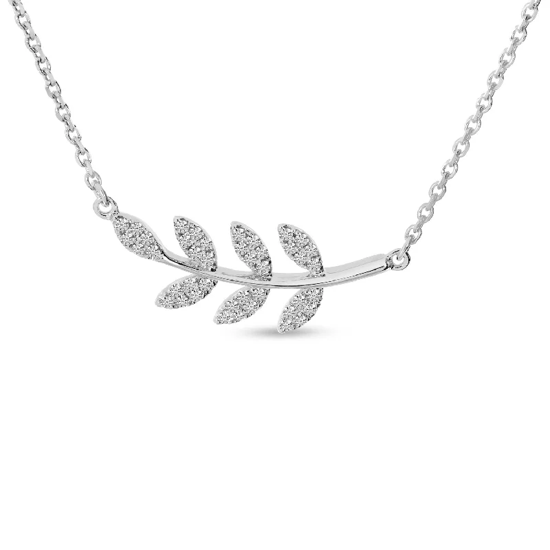 Swarovski crystal necklaces-14K White Gold Diamond East to West Leaf Necklace