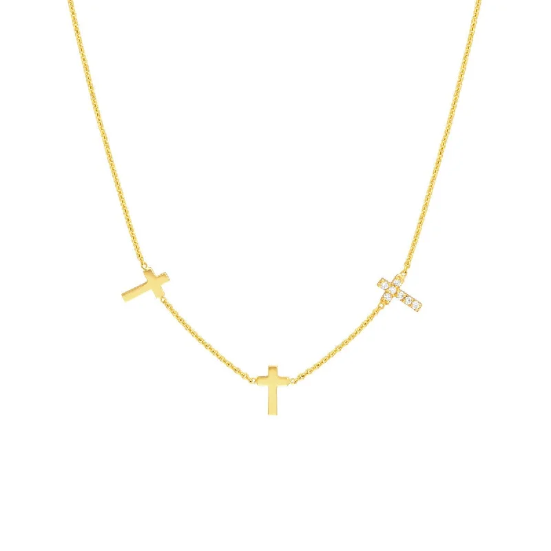 Citrine stone necklaces-14K Yellow Gold Triple Cross with Diamond Necklace