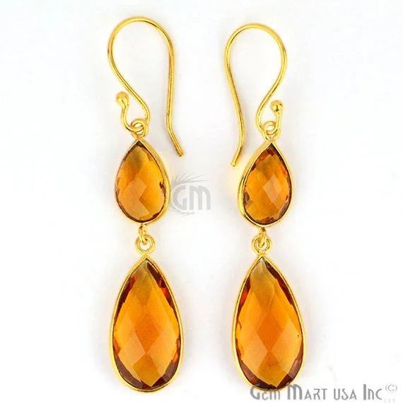 Hammered metal earrings-Pear Shape 10x56mm Gold Plated Gemstone Hook Earrings (Pick your Gemstone) (90059-1)