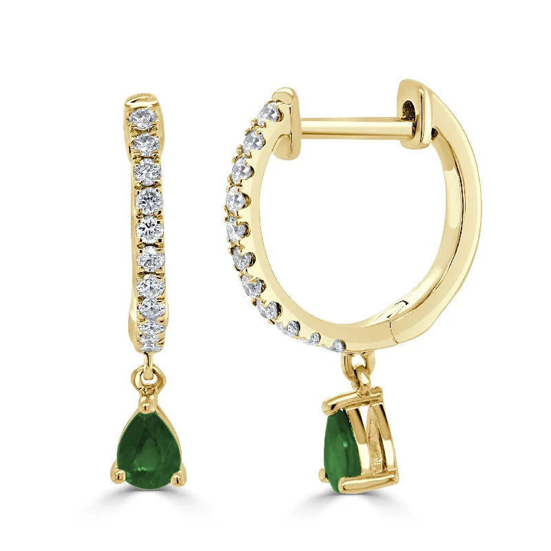 Angel wing earrings-14K Gold Emerald & Diamond Dangle Huggie Earrings