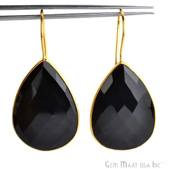 Chandelier style earrings-Black Onyx Smooth 24k gold plated 31x21mm Bezel Pears shape Connector Earring (BOER-90025)