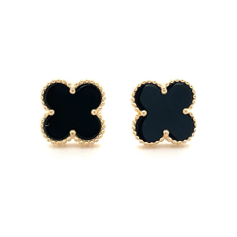 Dangling gem earrings-9ct Yellow Gold Black Onyx Clover Earrings