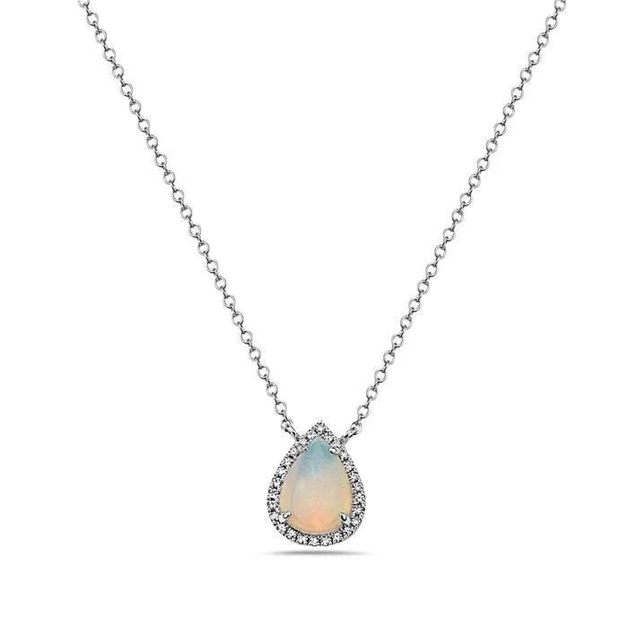 Citrine stone necklaces-14K White Gold Pear Shape Opal And Diamond Necklace