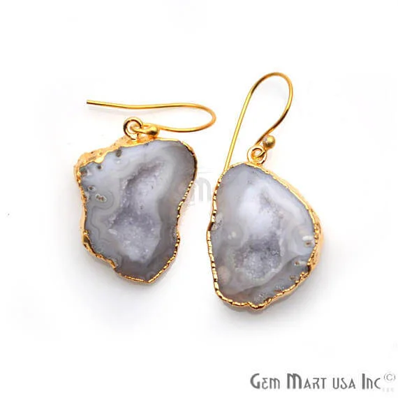 Fringe charm earrings-White Geode Druzy Organic Shape 30x21mm Gold Electroplated Gemstone Dangle Hook Earring