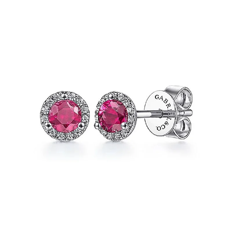 Filigree drop earrings-Gabriel Diamond Halo & Ruby Stud Earrings