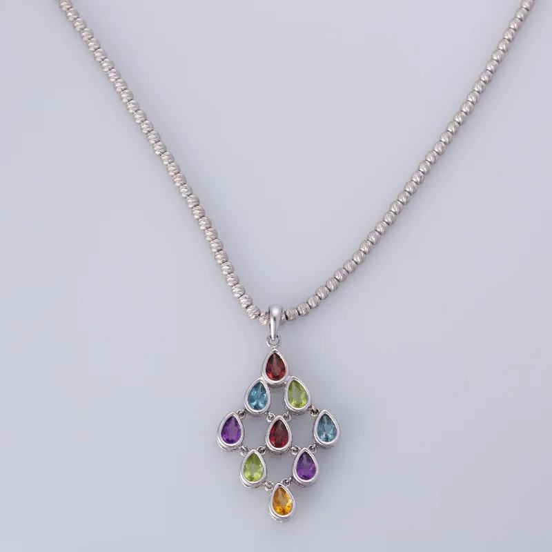 Crystal drop necklaces-14K White Gold Multi Colored Gem Necklace | 16"| 3 ctw