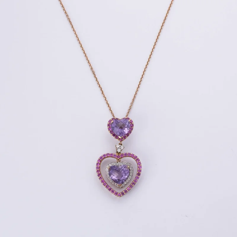 Oval stone necklaces-18k Yellow Gold Amethyst Ruby Diamond Necklace | 4.57ctw, 0.93ctw, 0.22ctw | 20"