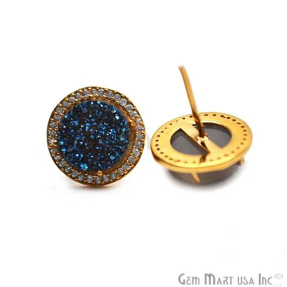 Evil eye earrings-CZ Pave Round 10mm Gold Plated Druzy Gemstone Stud Earring Choose Your Gemstone