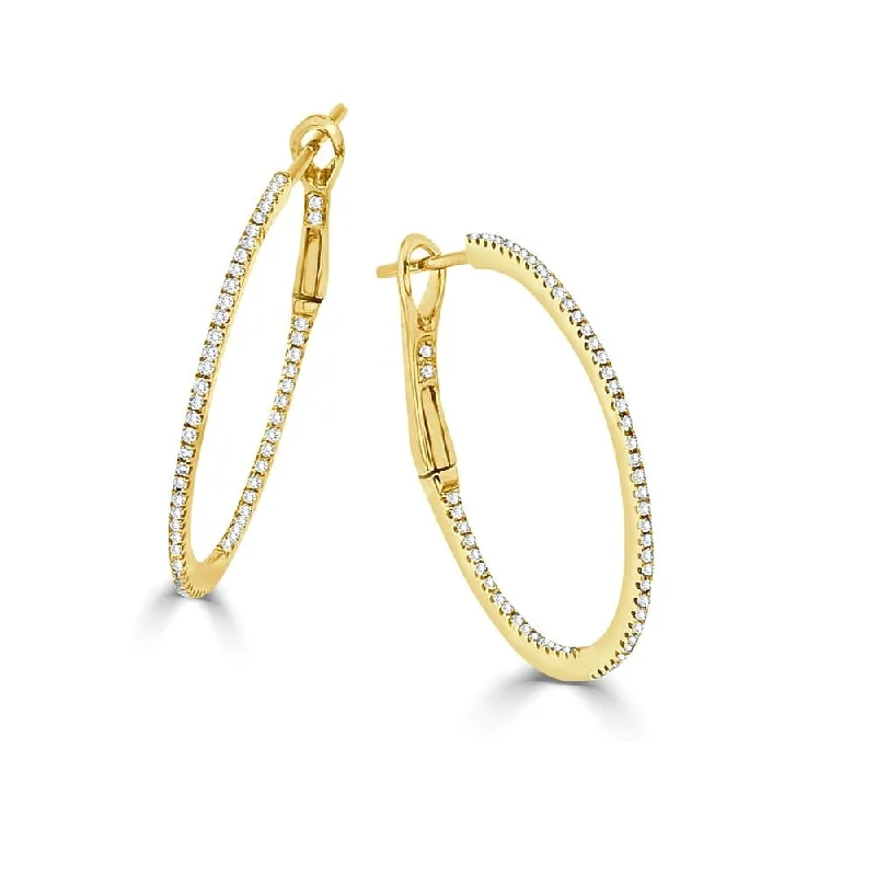 Minimalist bar earrings-14k Gold & Diamond Skinny Hoop Earrings 1.25"