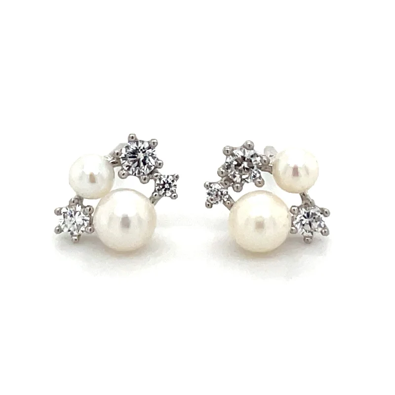 Vintage drop earrings-9ct White Gold Multi Cz & Pearl Stud Earrings