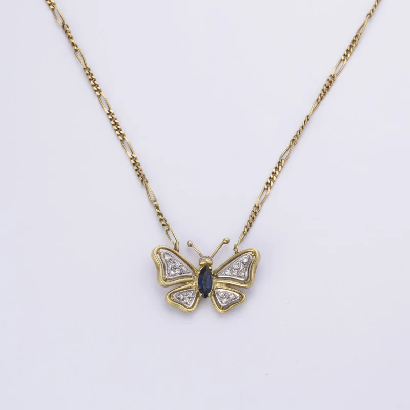 Thick link necklaces-18k Yellow Gold Butterfly Sapphire and Diamond Necklace | 0.34ct, 0.15ctw | 16"