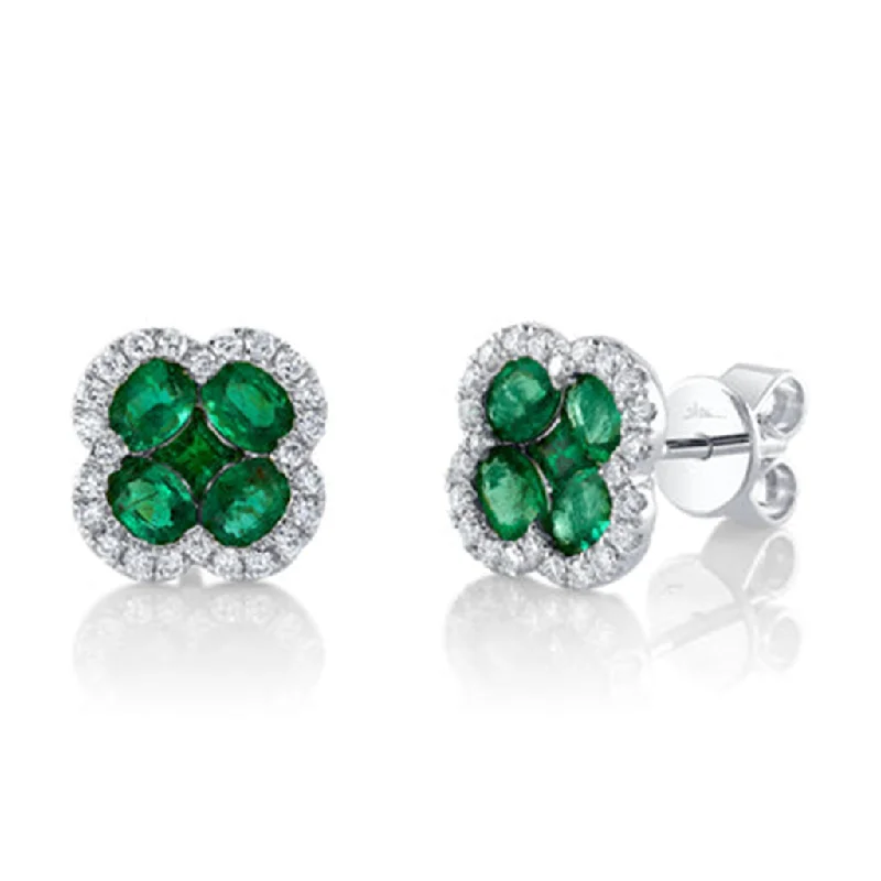 Heart motif earrings-Shy 14Kw Emerald and Diamond Stud Earrings