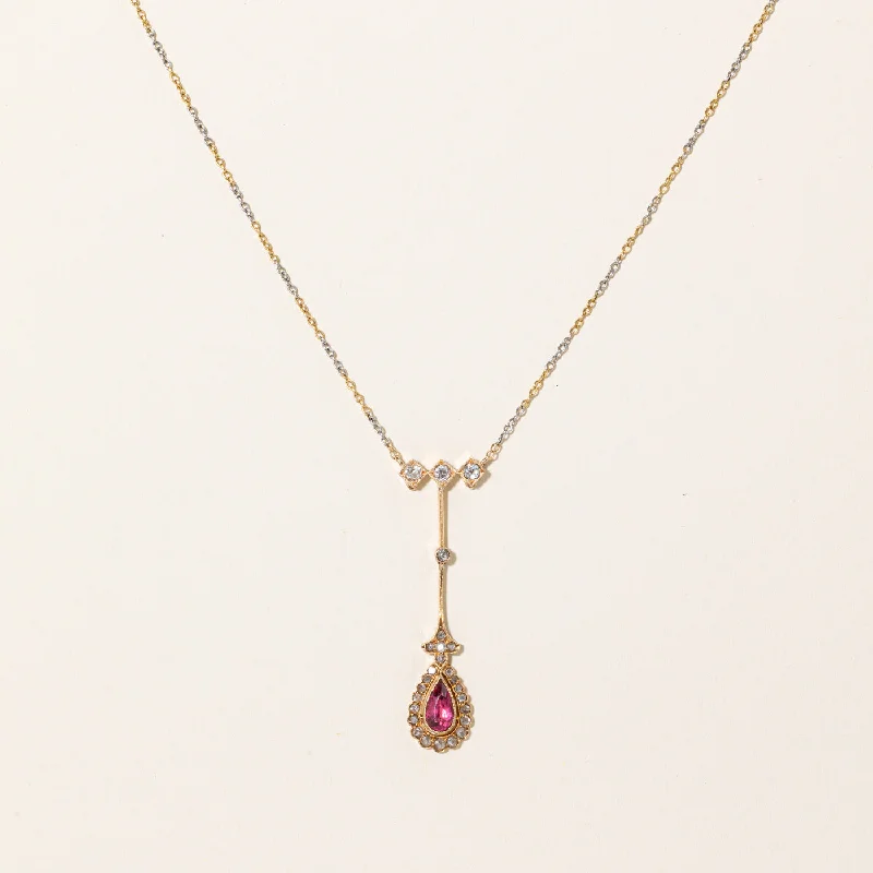 Magnetic clasp necklaces-Antique Tourmaline & Old Cut Diamond Drop Pendant Necklace | 0.58ct, 0.32ctw | 17" |