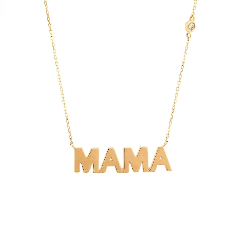 Sculptural art necklaces-14K Yellow Gold Mama Single Bezel Diamond Necklace