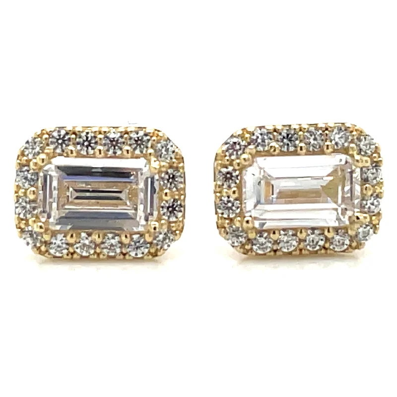 Floral design earrings-9ct Yellow Gold Cz Cluster Emerald Cut Stud Earrings