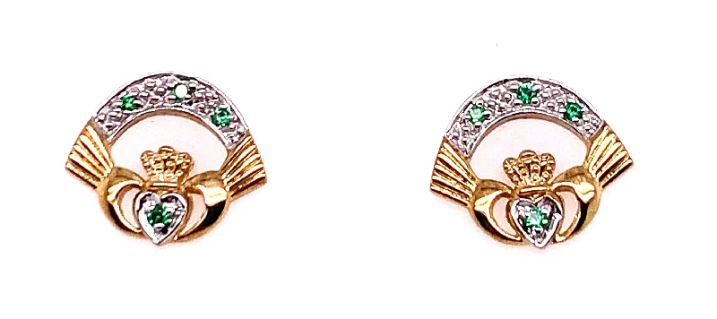 Antique gold earrings-9ct Yellow & White Gold Claddagh Emerald Cz Earrings