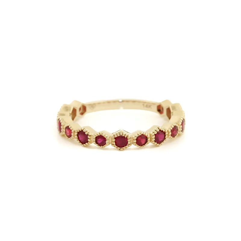 Asymmetrical rings-14k Gold x Ruby Semi-Eternity Hex Band