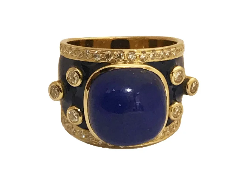 Hammered metal rings-Ring - Lapis Lazuli and Diamond (Enamel) in 18K Gold