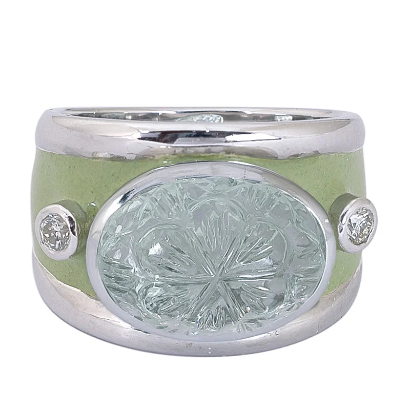 Bamboo style rings-Ring- Green Quartz and Diamond (Enamel)