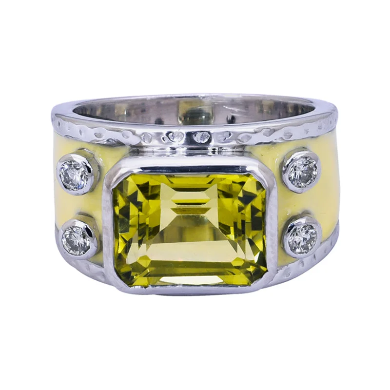 Art deco rings-Ring- Lemon Quartz and Diamond (Enamel)