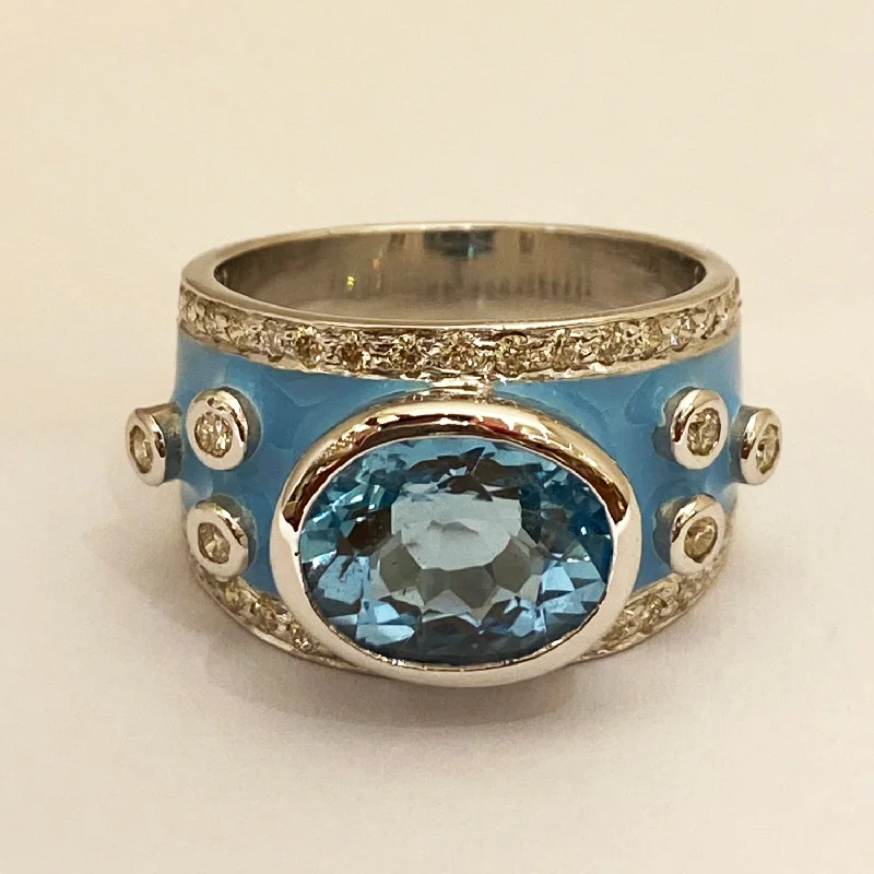 Peacock design rings-Ring - Blue Topaz and Diamond with Enamel in Silver