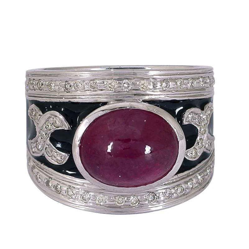 Statement cocktail rings-Ring- Glass Filled Ruby and Diamond (Enamel)  (272QS)